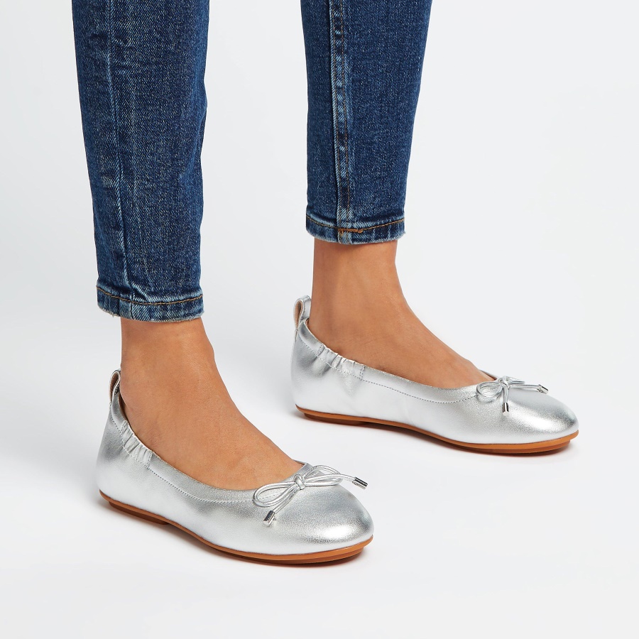 Fitflop ALLEGRO Bow Metallic Leather Ballet Flats Silver