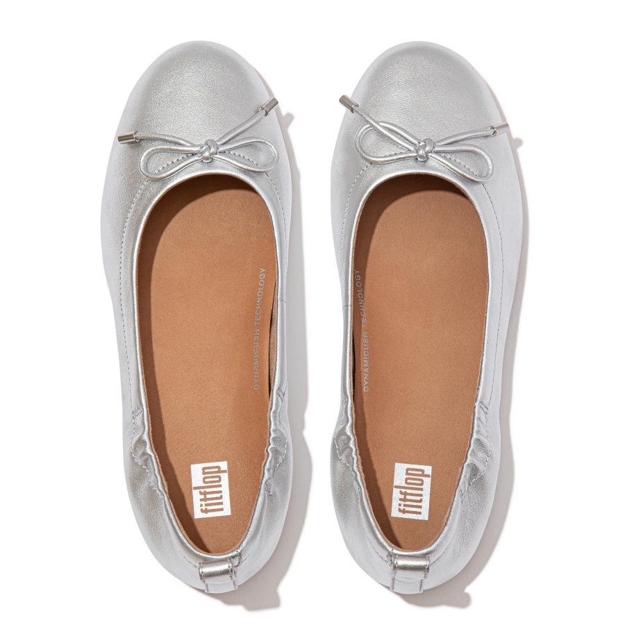 Fitflop ALLEGRO Bow Metallic Leather Ballet Flats Silver