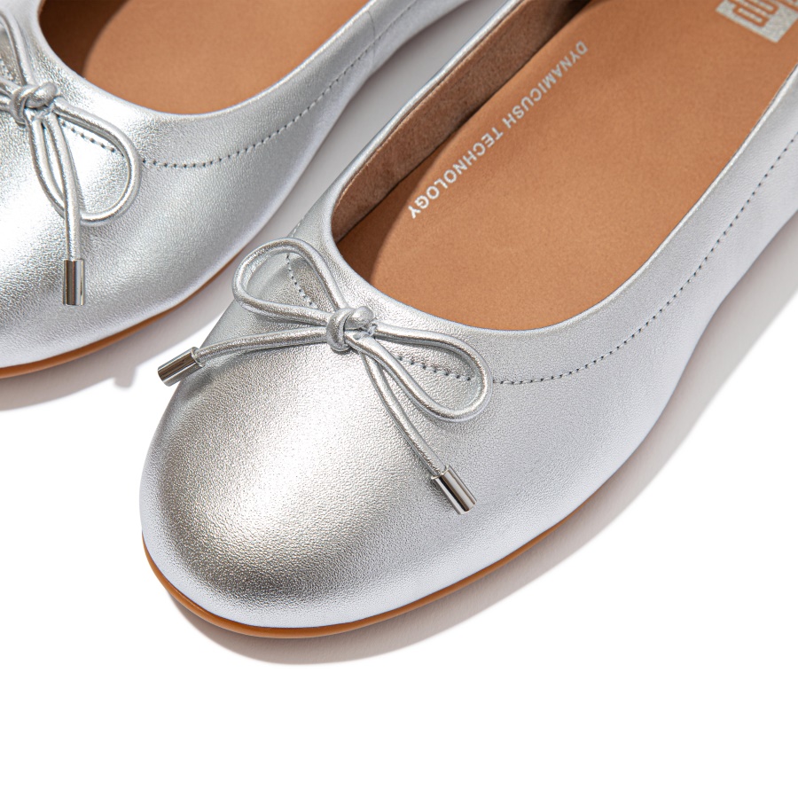 Fitflop ALLEGRO Bow Metallic Leather Ballet Flats Silver