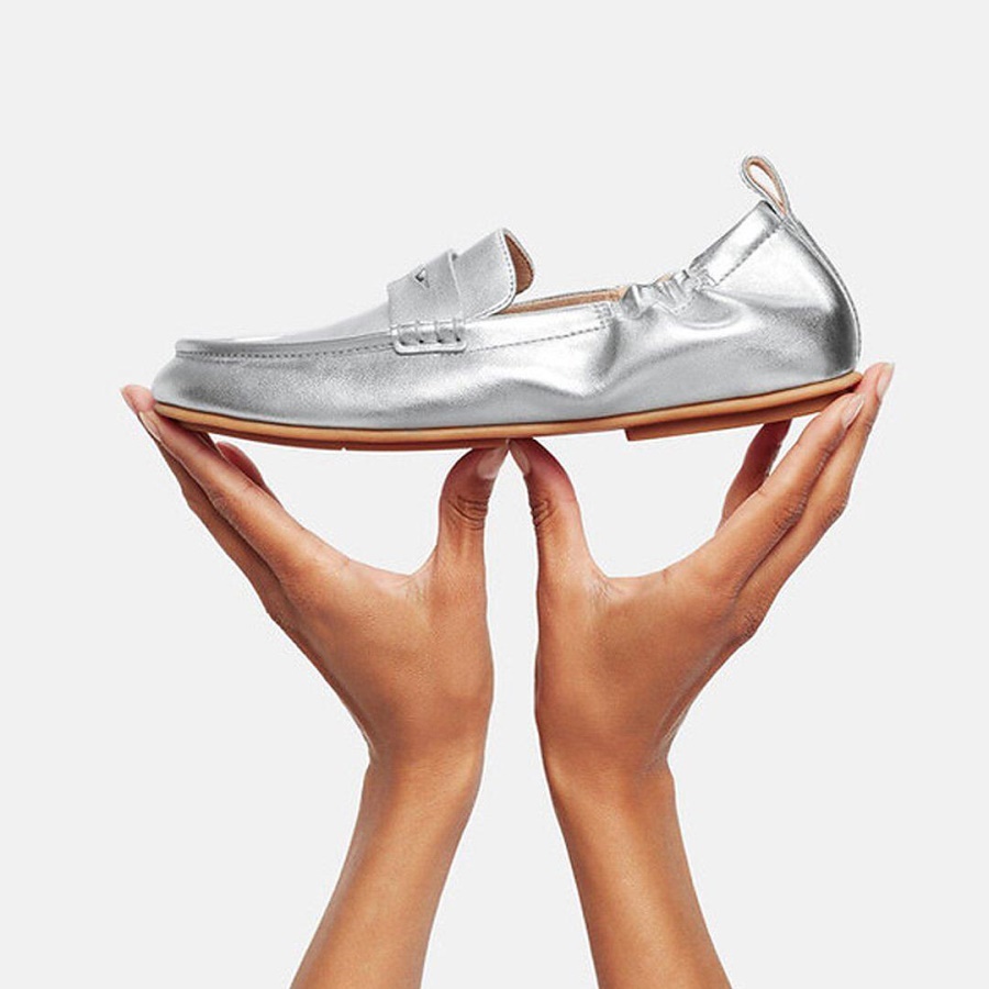 Fitflop ALLEGRO Metallic Leather Penny Loafers Silver