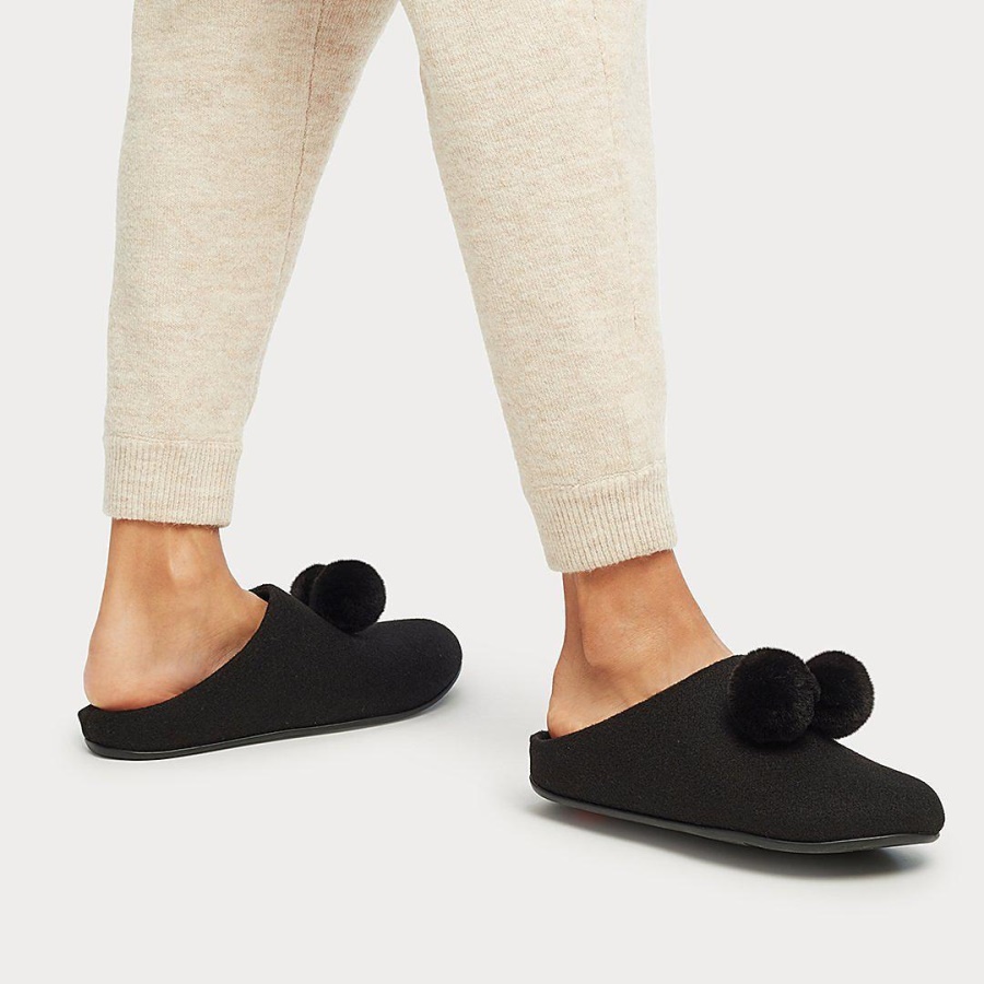 Fitflop CHRISSIE Pom-Pom Felt Slippers All Black