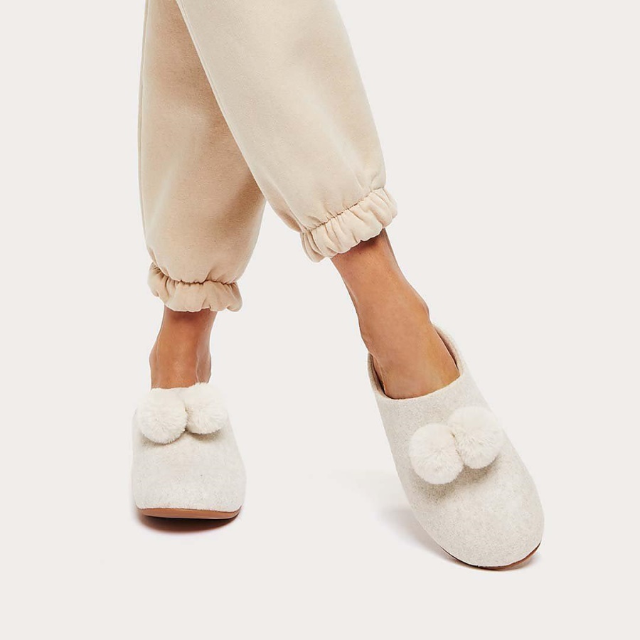 Fitflop CHRISSIE Pom-Pom Felt Slippers Ivory