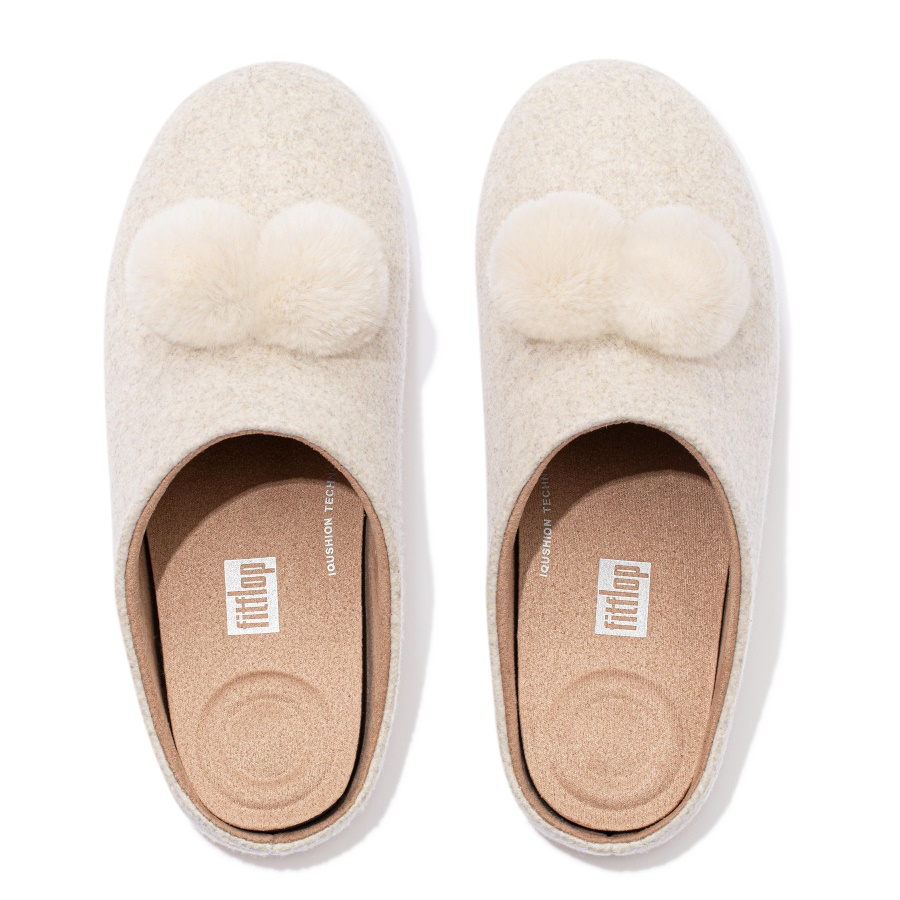 Fitflop CHRISSIE Pom-Pom Felt Slippers Ivory