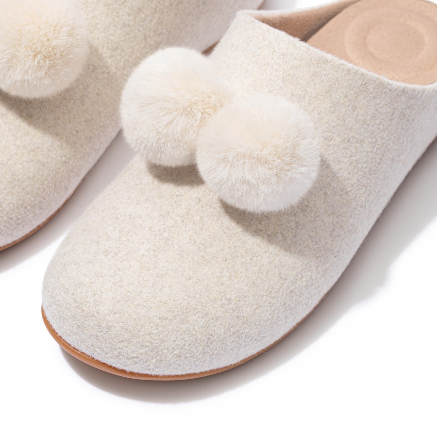 Fitflop CHRISSIE Pom-Pom Felt Slippers Ivory