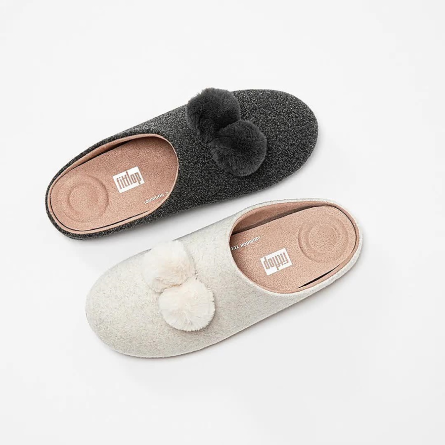 Fitflop CHRISSIE Pom-Pom Felt Slippers Ivory