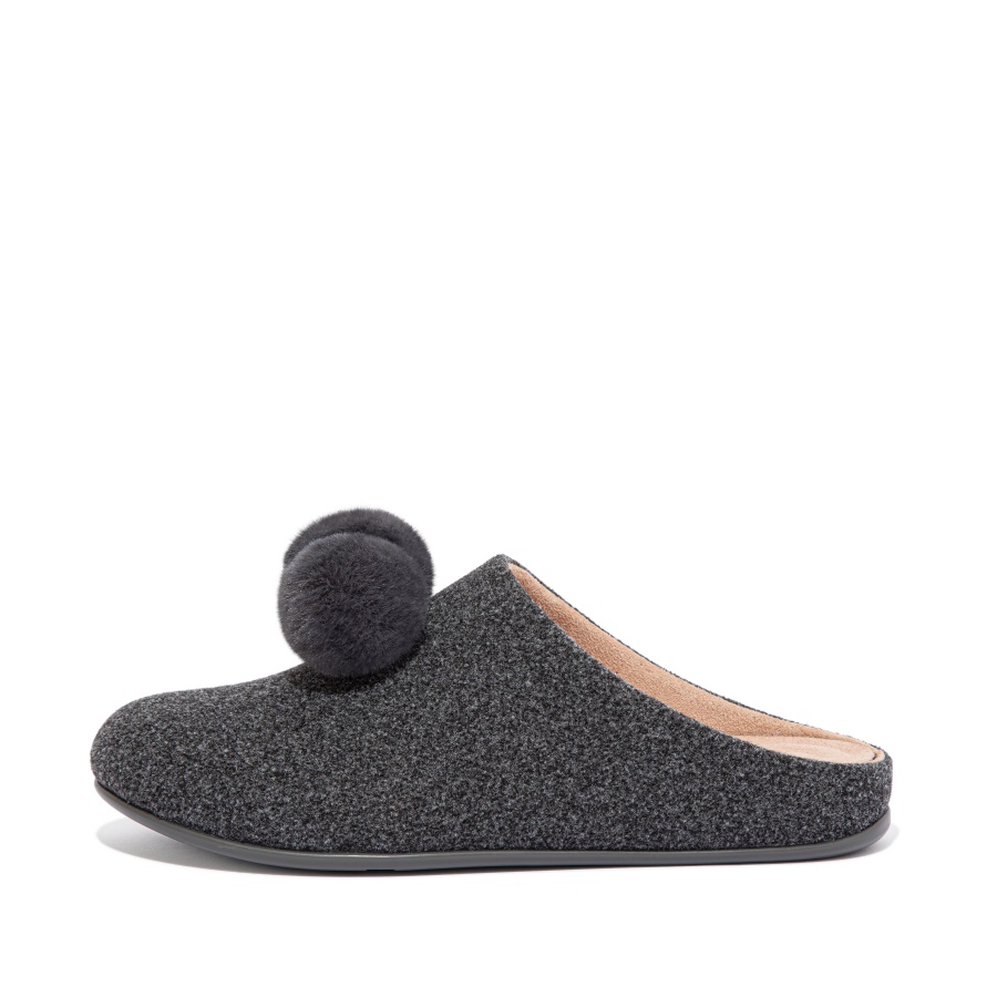 Fitflop CHRISSIE Pom-Pom Felt Slippers Pewter Grey