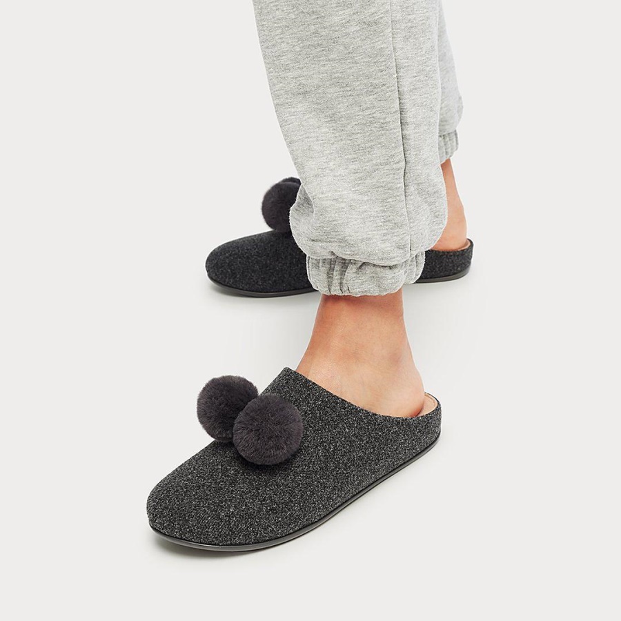 Fitflop CHRISSIE Pom-Pom Felt Slippers Pewter Grey