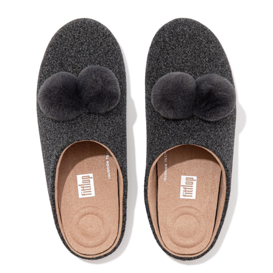 Fitflop CHRISSIE Pom-Pom Felt Slippers Pewter Grey