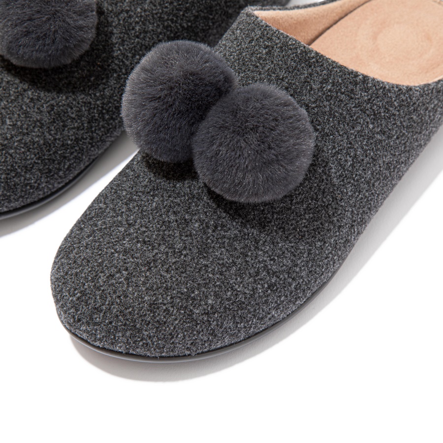 Fitflop CHRISSIE Pom-Pom Felt Slippers Pewter Grey