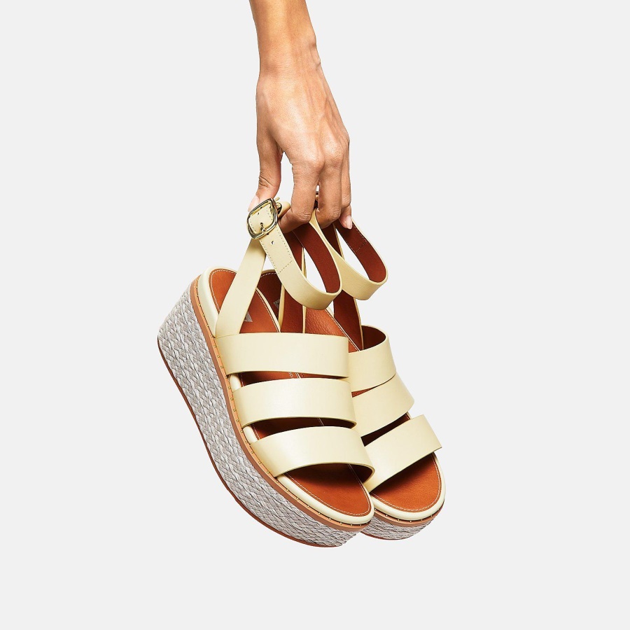 Fitflop ELOISE Espadrille Leather Wedge Sandals Pale Yellow