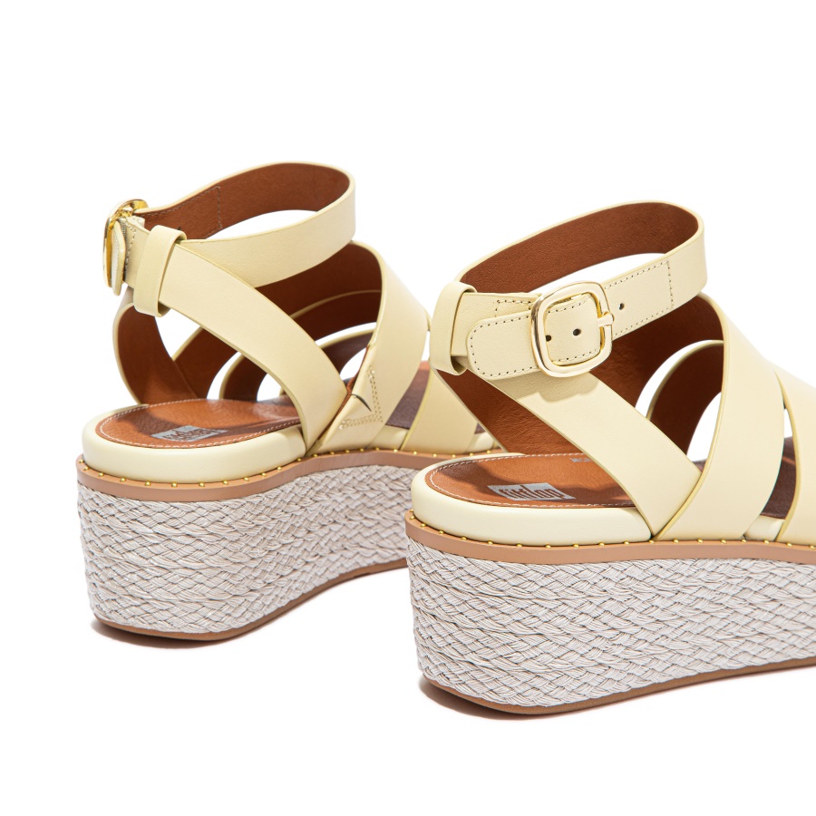 Fitflop ELOISE Espadrille Leather Wedge Sandals Pale Yellow