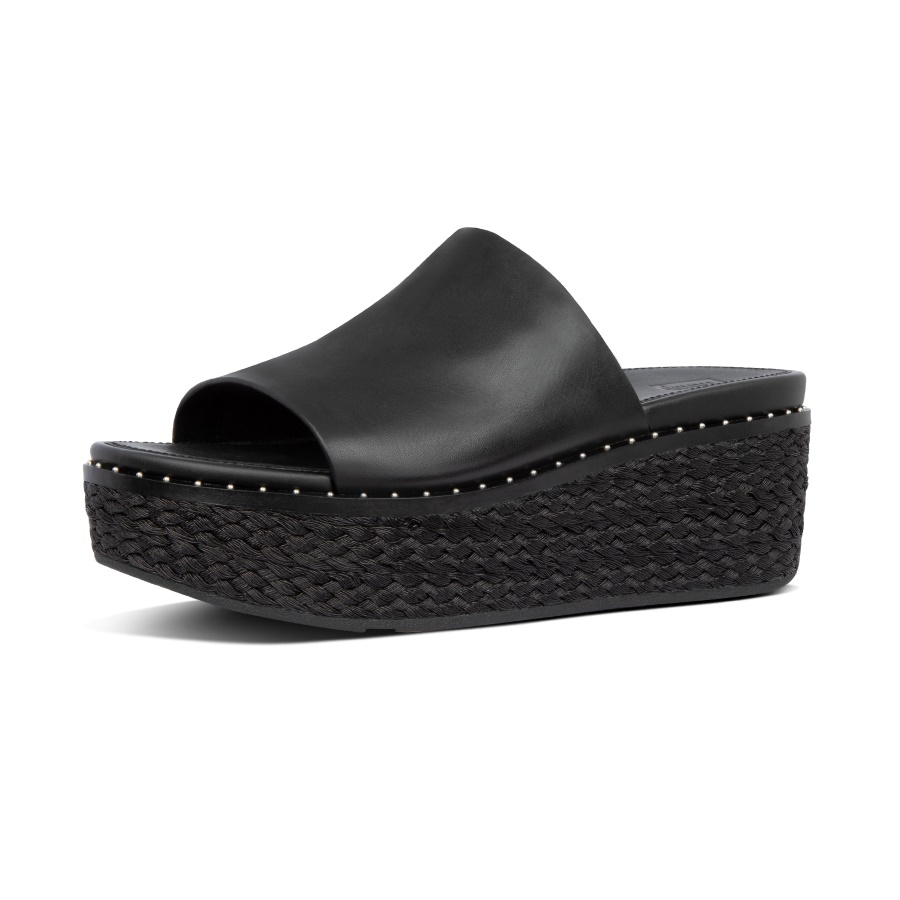 Fitflop ELOISE Espadrille Leather Wedge Slides Black