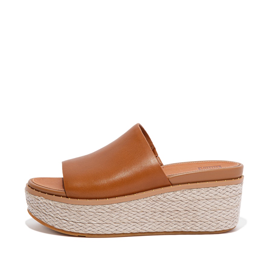 Fitflop ELOISE Espadrille Leather Wedge Slides Light Tan