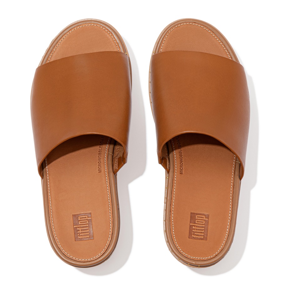 Fitflop ELOISE Espadrille Leather Wedge Slides Light Tan