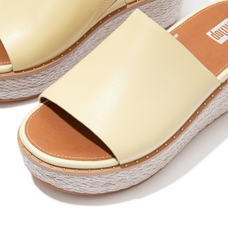 Fitflop ELOISE Espadrille Leather Wedge Slides Pale Yellow