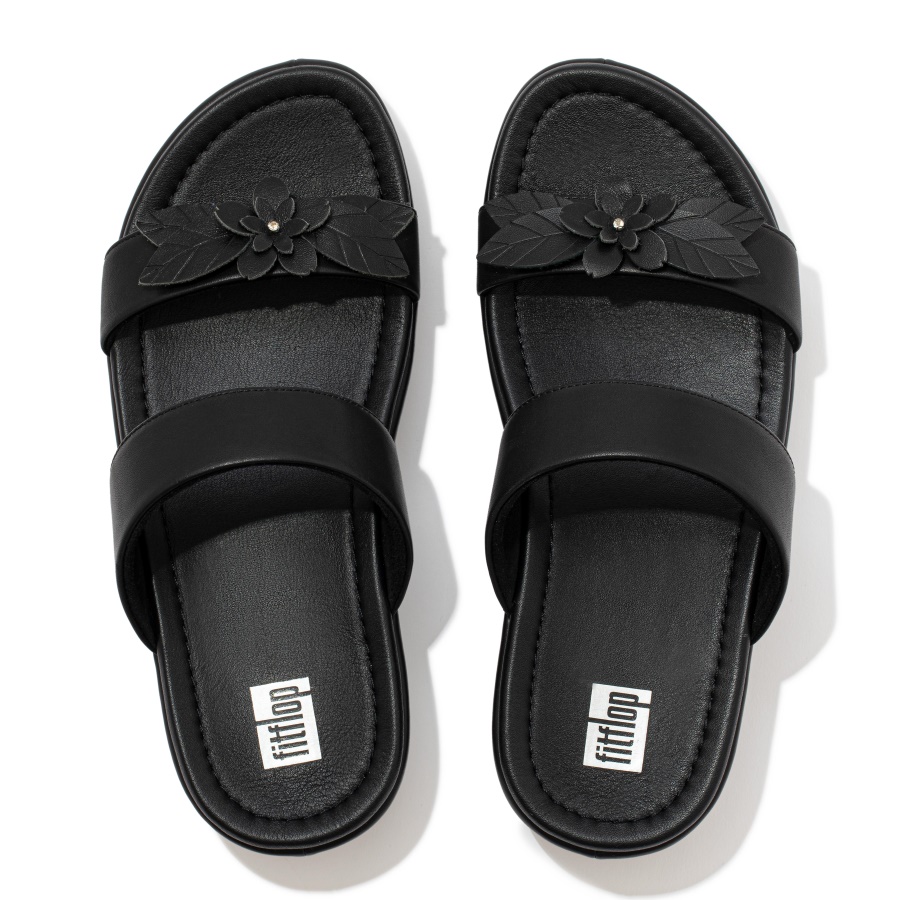 Fitflop FINO Floral Leather Slides All Black