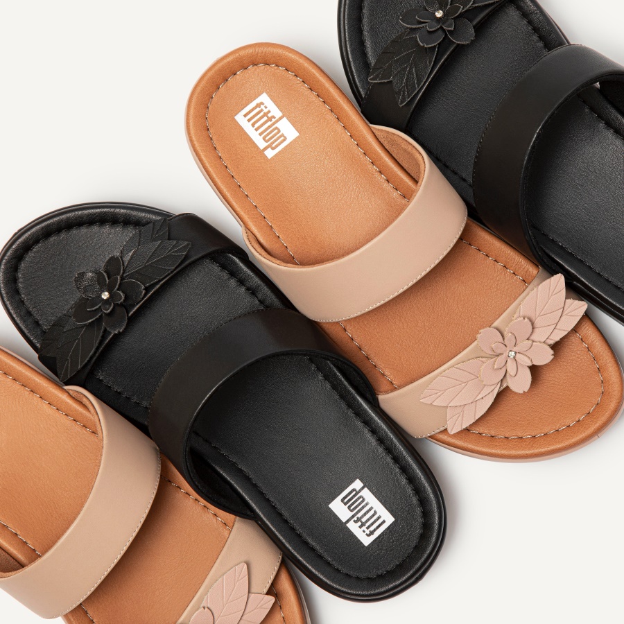 Fitflop FINO Floral Leather Slides All Black