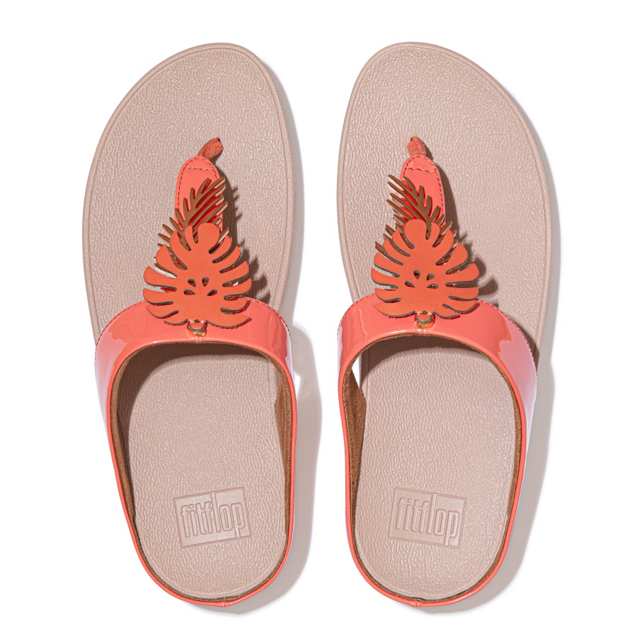 Fitflop FINO Jungle-Leaf Patent Sandals Coral Pink