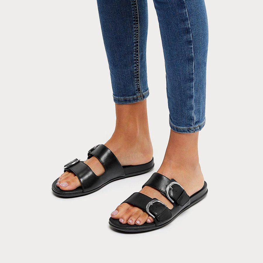 Fitflop GRACIE Buckle Leather Slides All Black