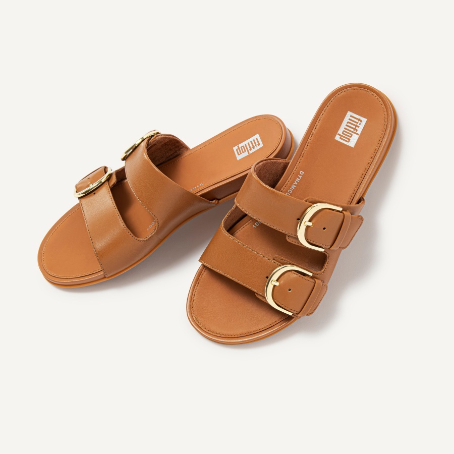 Fitflop GRACIE Buckle Leather Slides Light Tan