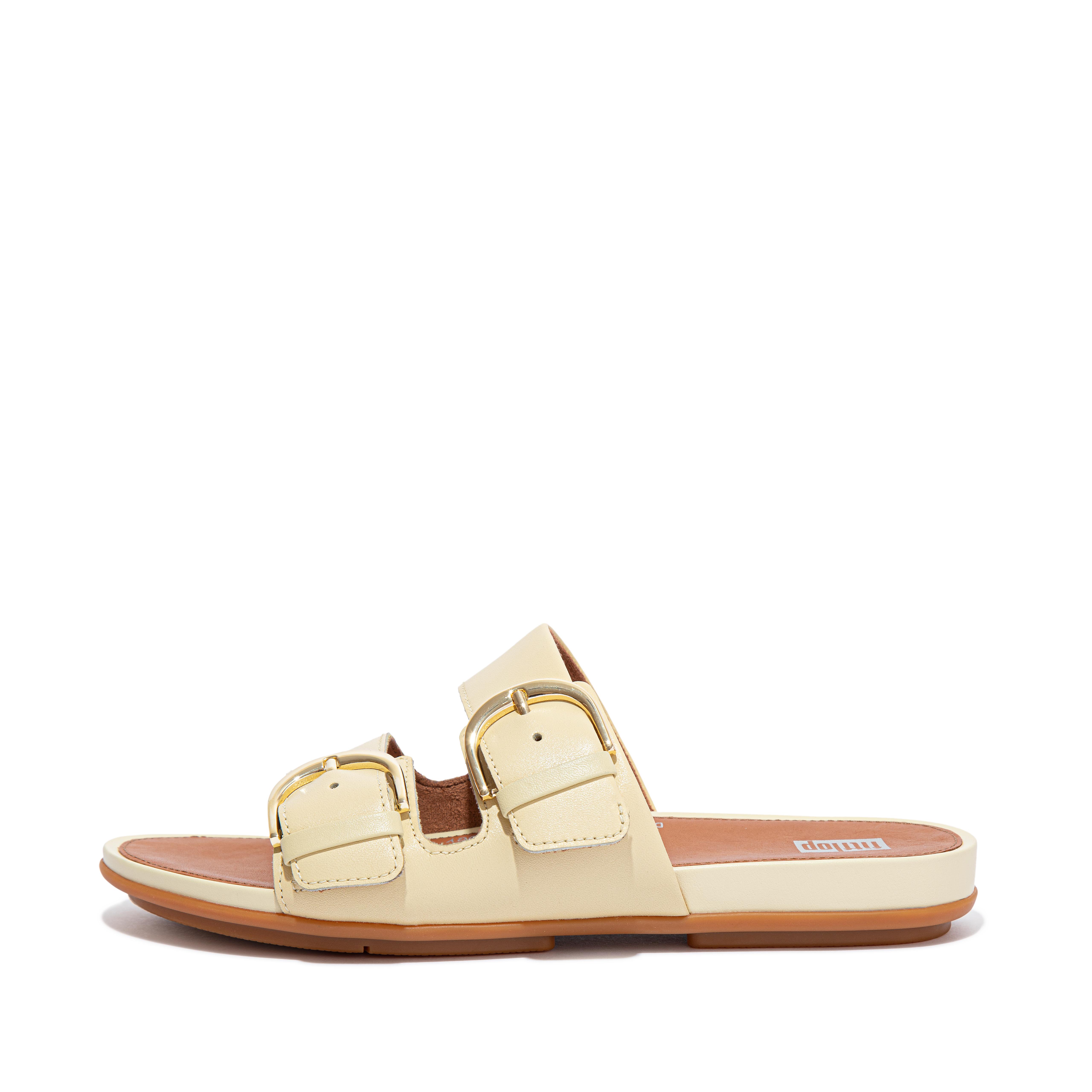 Fitflop GRACIE Buckle Leather Slides Pale Yellow