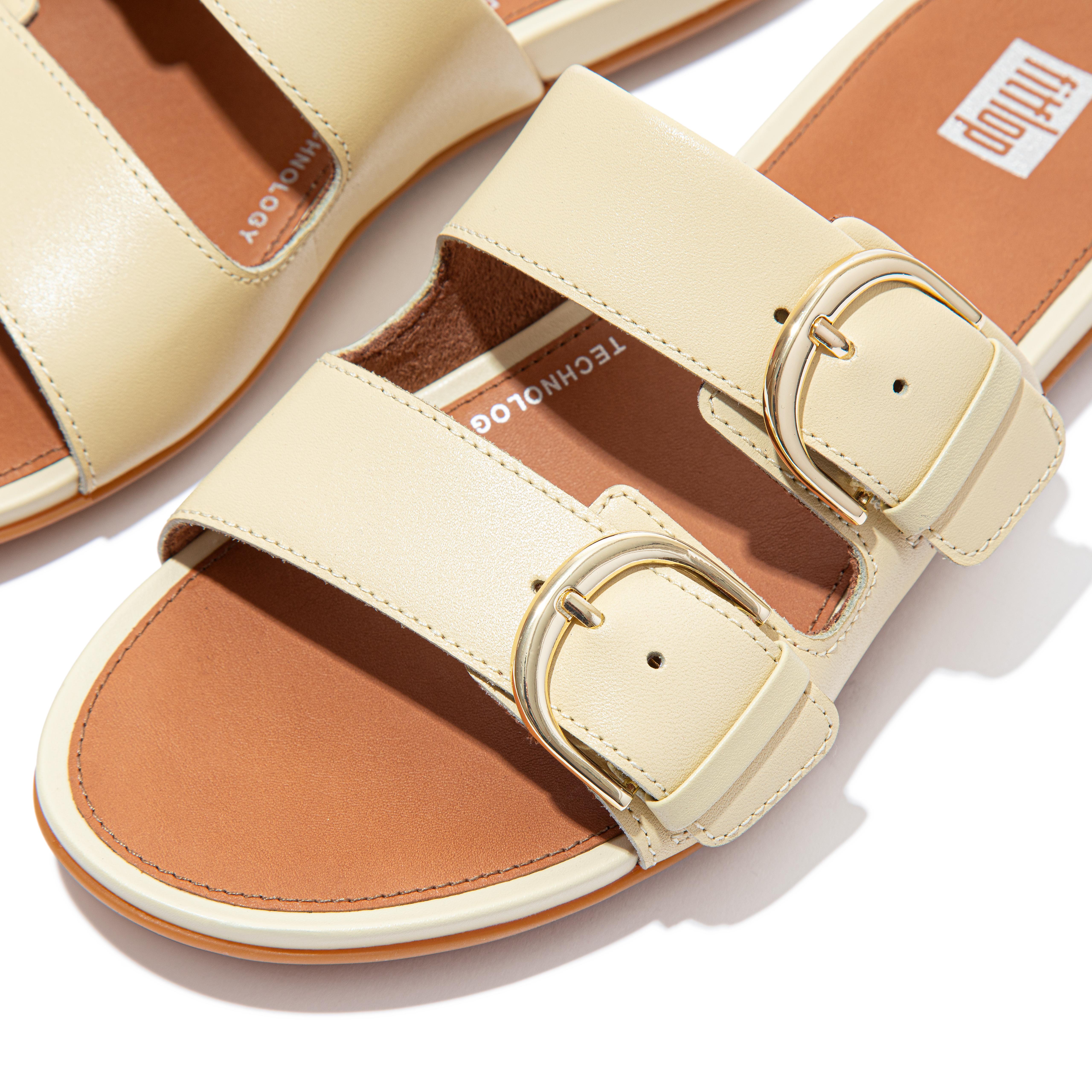 Fitflop GRACIE Buckle Leather Slides Pale Yellow