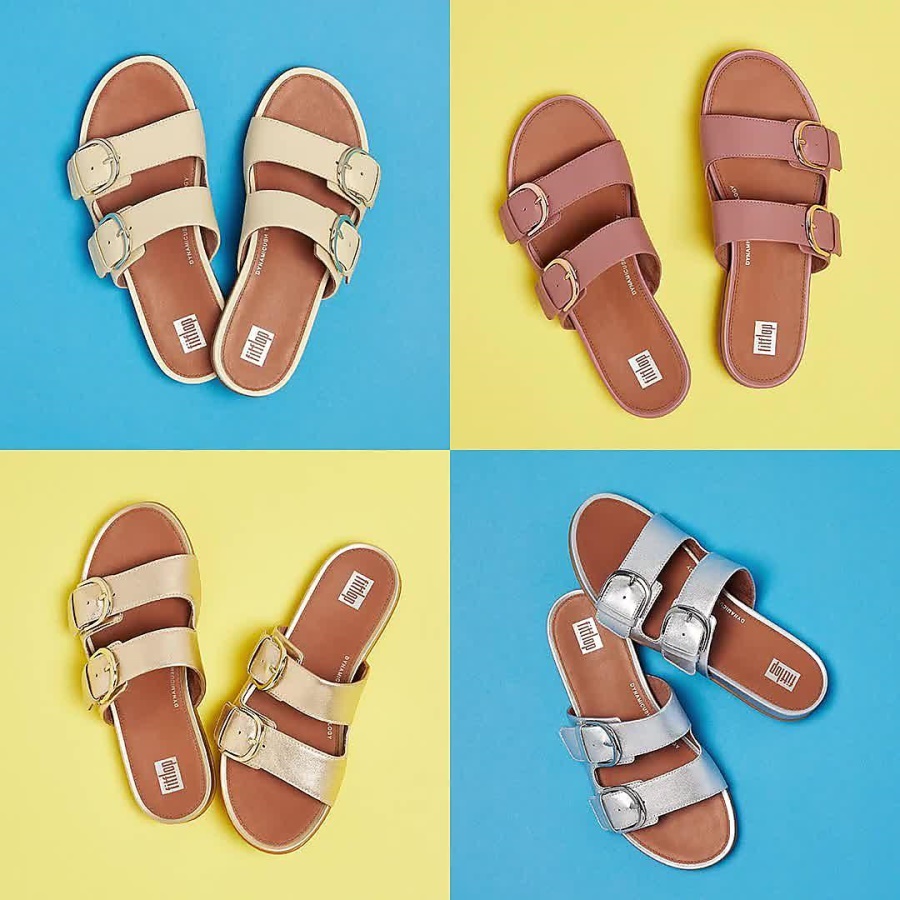 Fitflop GRACIE Buckle Leather Slides Pale Yellow