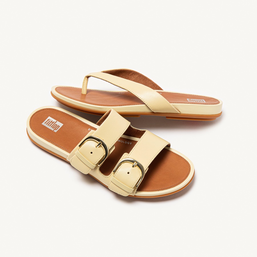 Fitflop GRACIE Buckle Leather Slides Pale Yellow