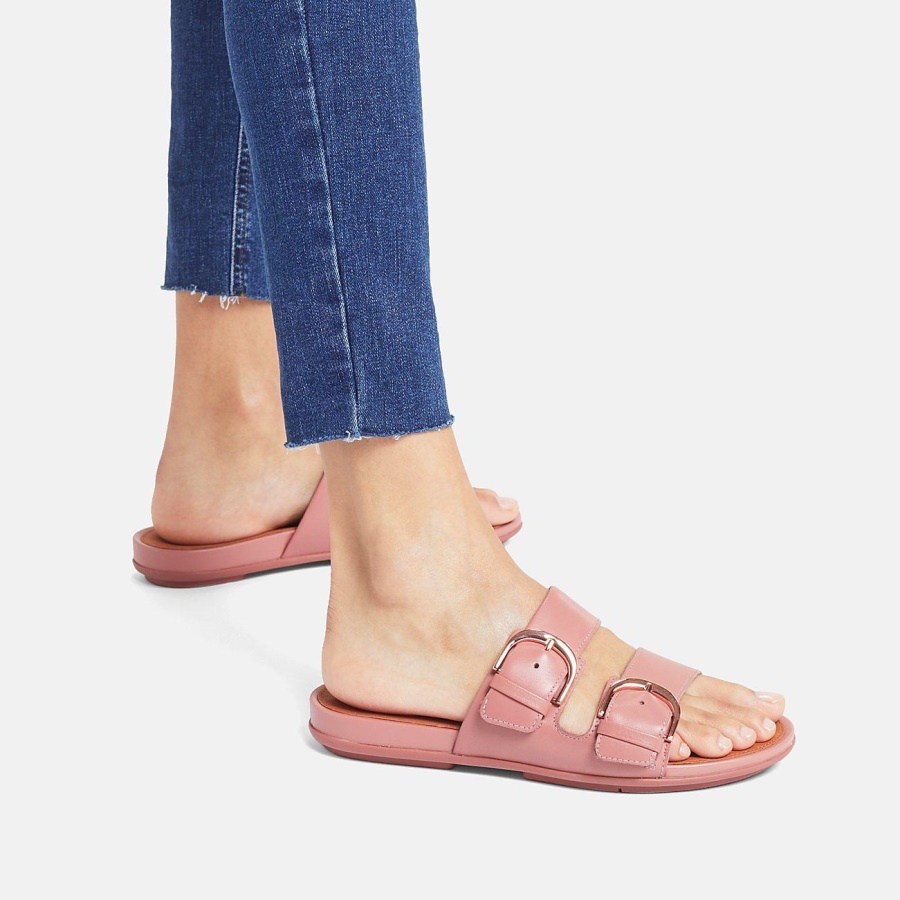 Fitflop GRACIE Buckle Leather Slides Warm Rose