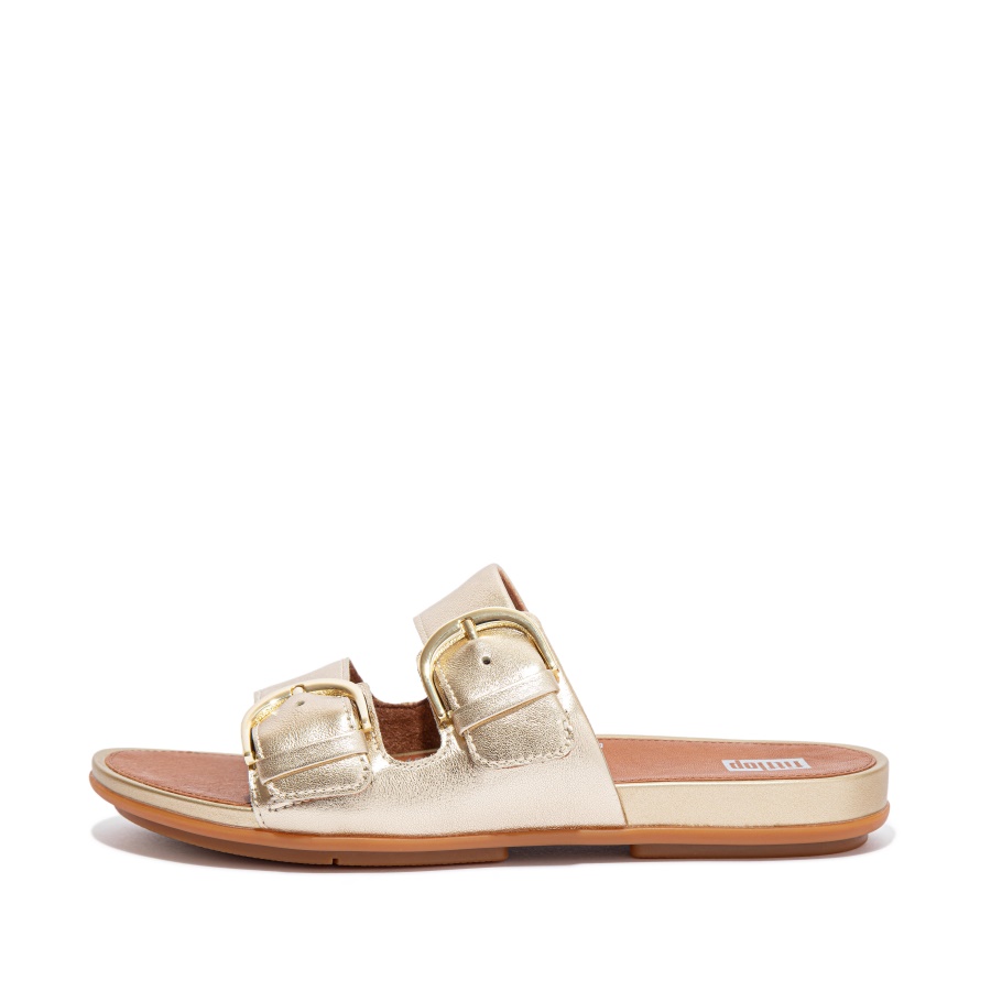 Fitflop GRACIE Buckle Metallic Leather Slides Platino