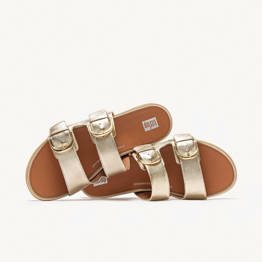 Fitflop GRACIE Buckle Metallic Leather Slides Platino