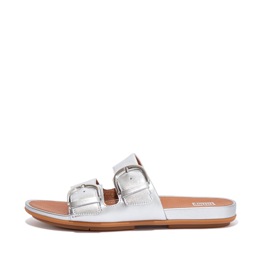 Fitflop GRACIE Buckle Metallic Leather Slides Silver