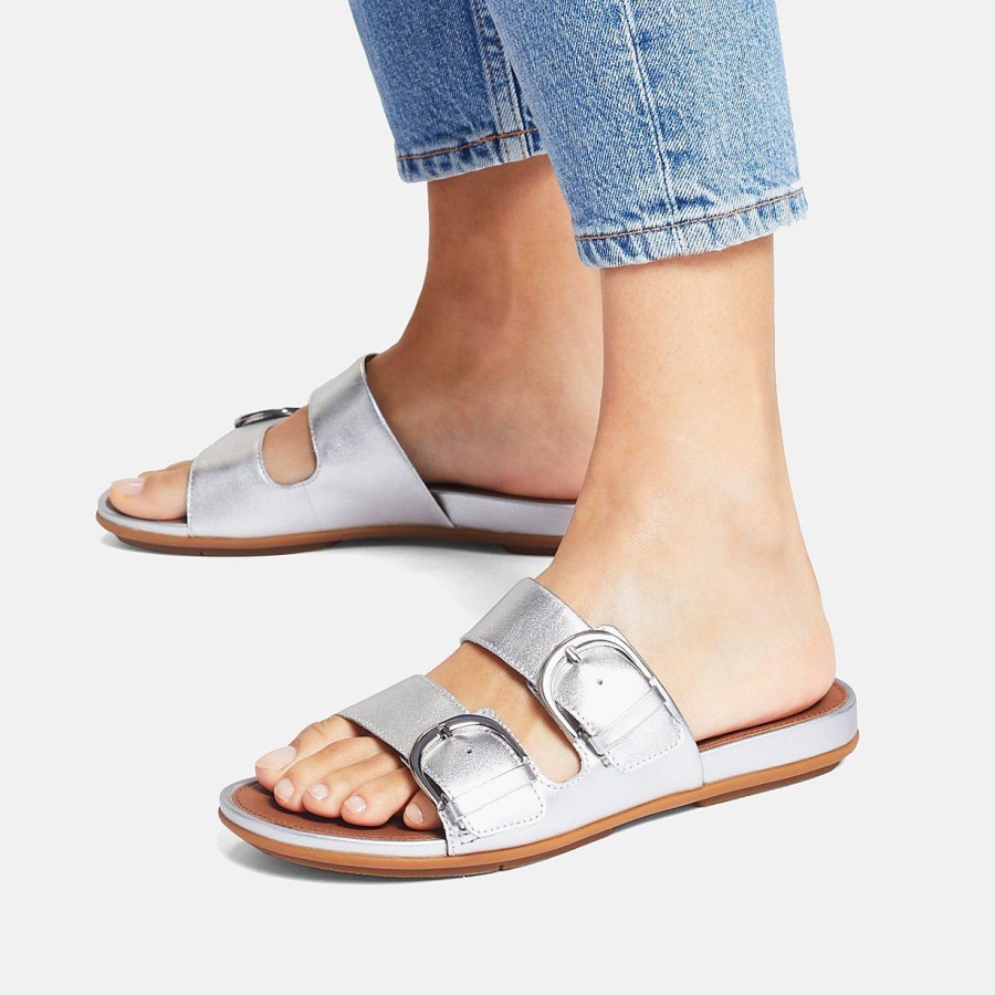 Fitflop GRACIE Buckle Metallic Leather Slides Silver