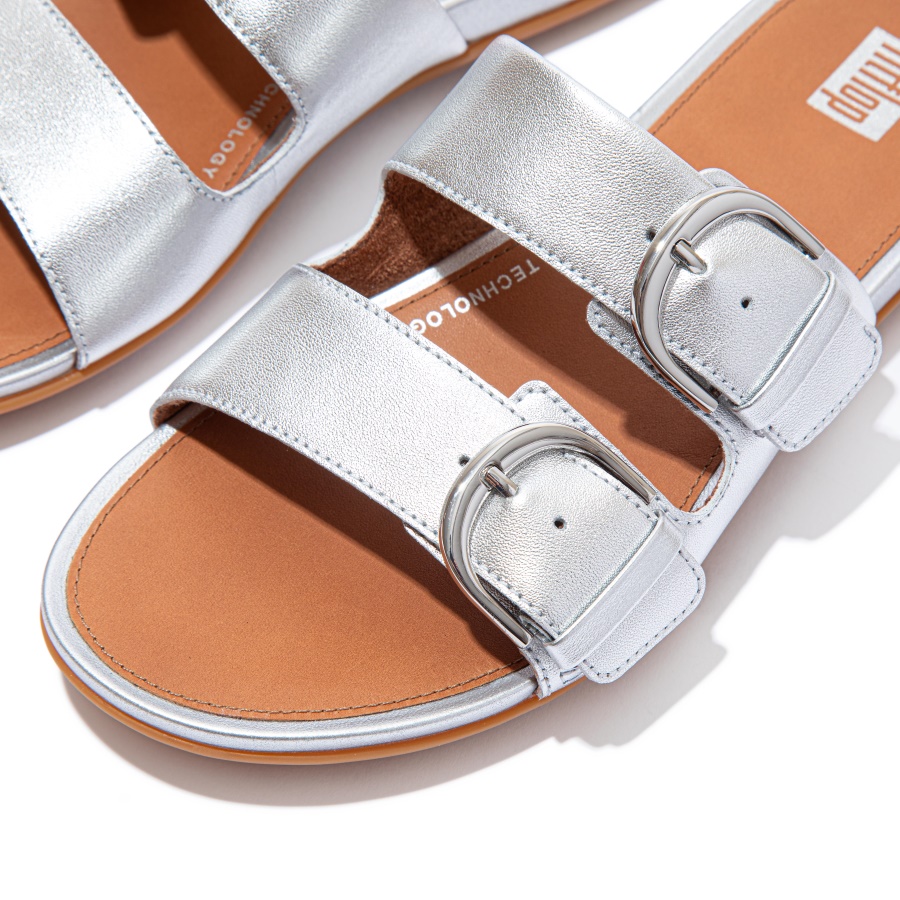 Fitflop GRACIE Buckle Metallic Leather Slides Silver