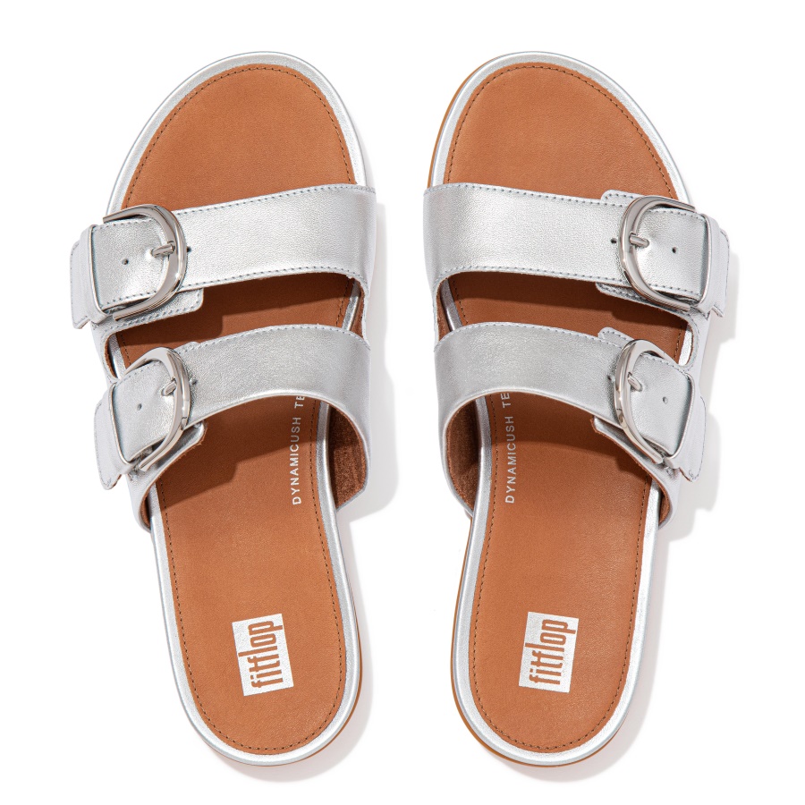 Fitflop GRACIE Buckle Metallic Leather Slides Silver