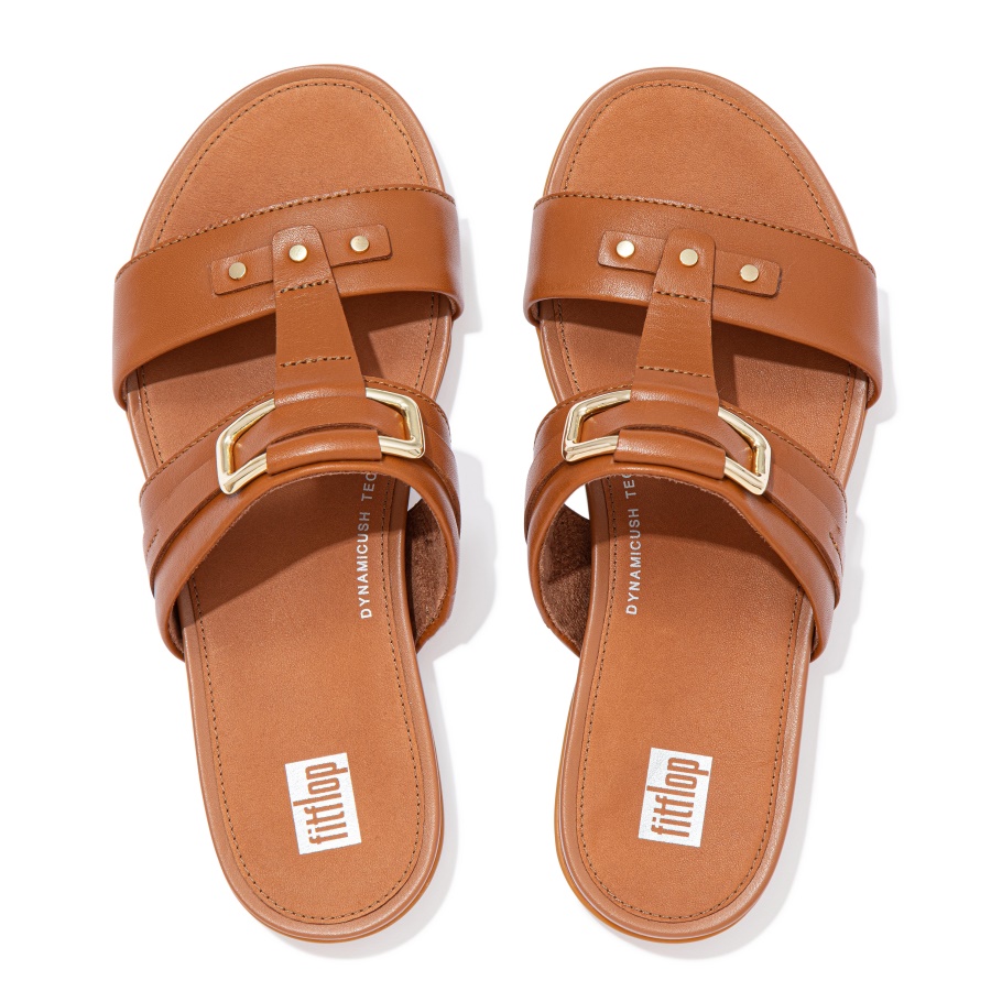 Fitflop GRACIE Stud-Buckle Leather Slides Light Tan