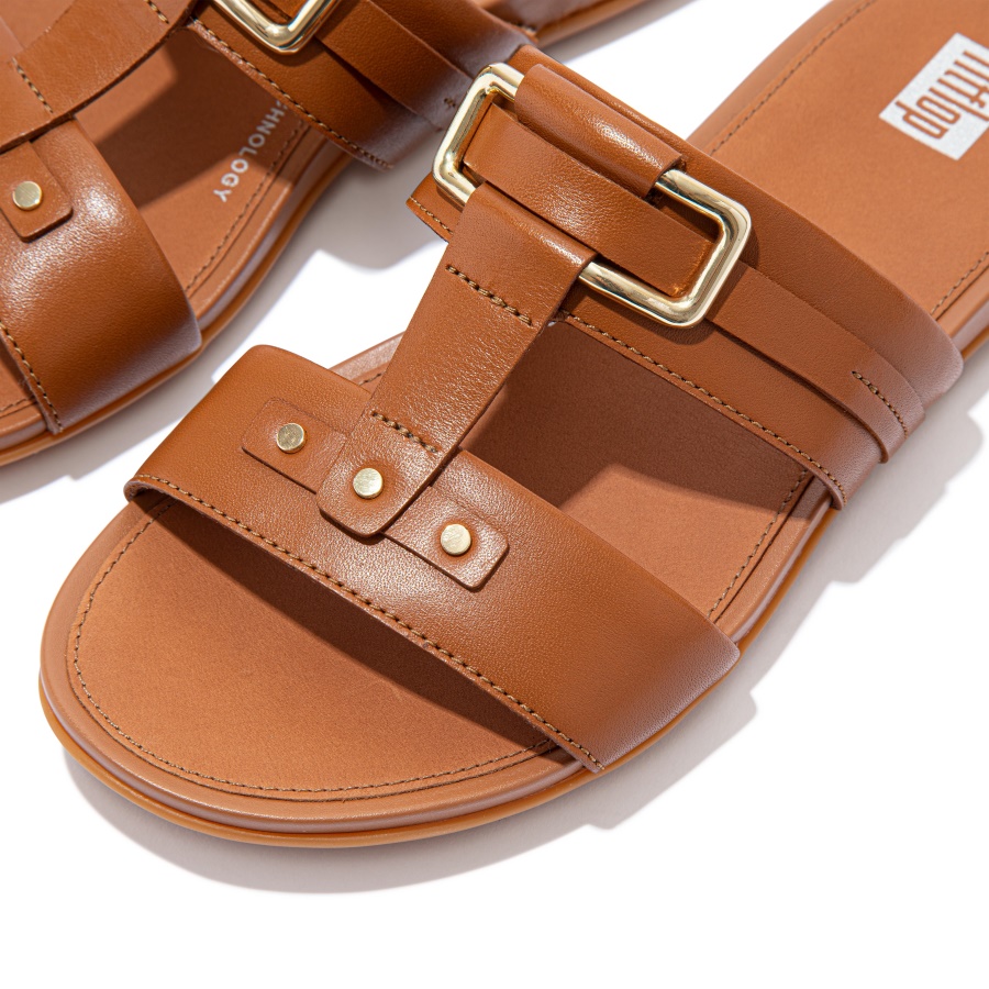 Fitflop GRACIE Stud-Buckle Leather Slides Light Tan