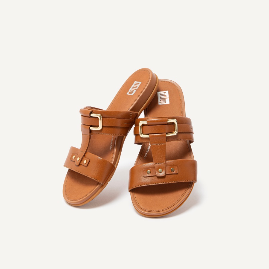 Fitflop GRACIE Stud-Buckle Leather Slides Light Tan