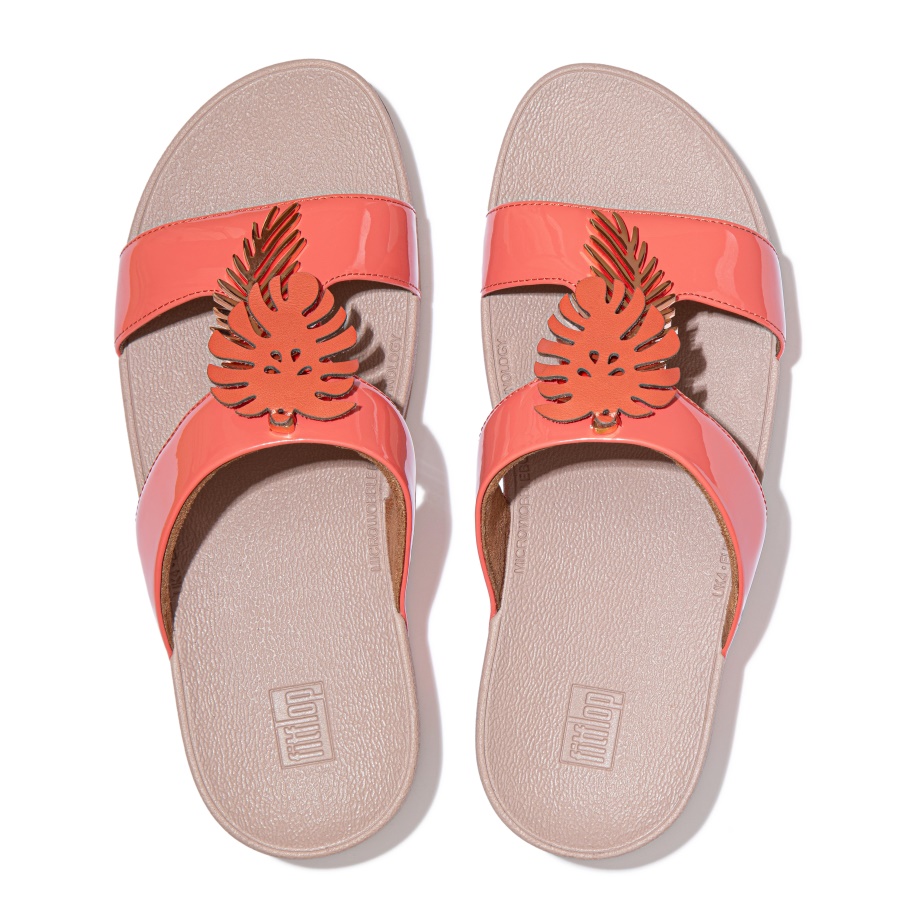 Fitflop LOTTIE Jungle-Leaf Patent Slides Coral Pink