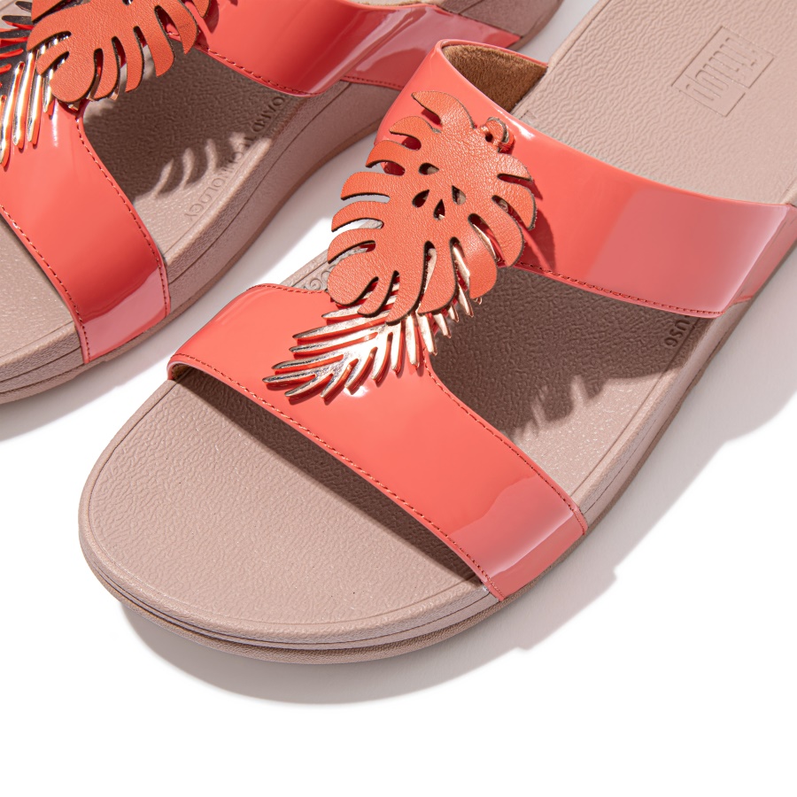 Fitflop LOTTIE Jungle-Leaf Patent Slides Coral Pink