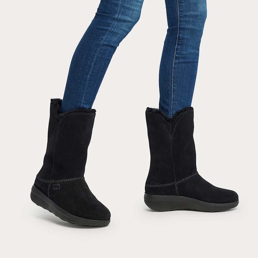 Fitflop MUKLUK Shearling-Lined Suede Calf Boots All Black