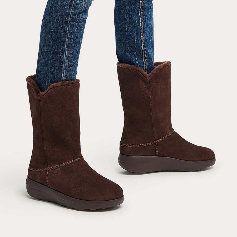 Fitflop MUKLUK Shearling-Lined Suede Calf Boots Brown Mix