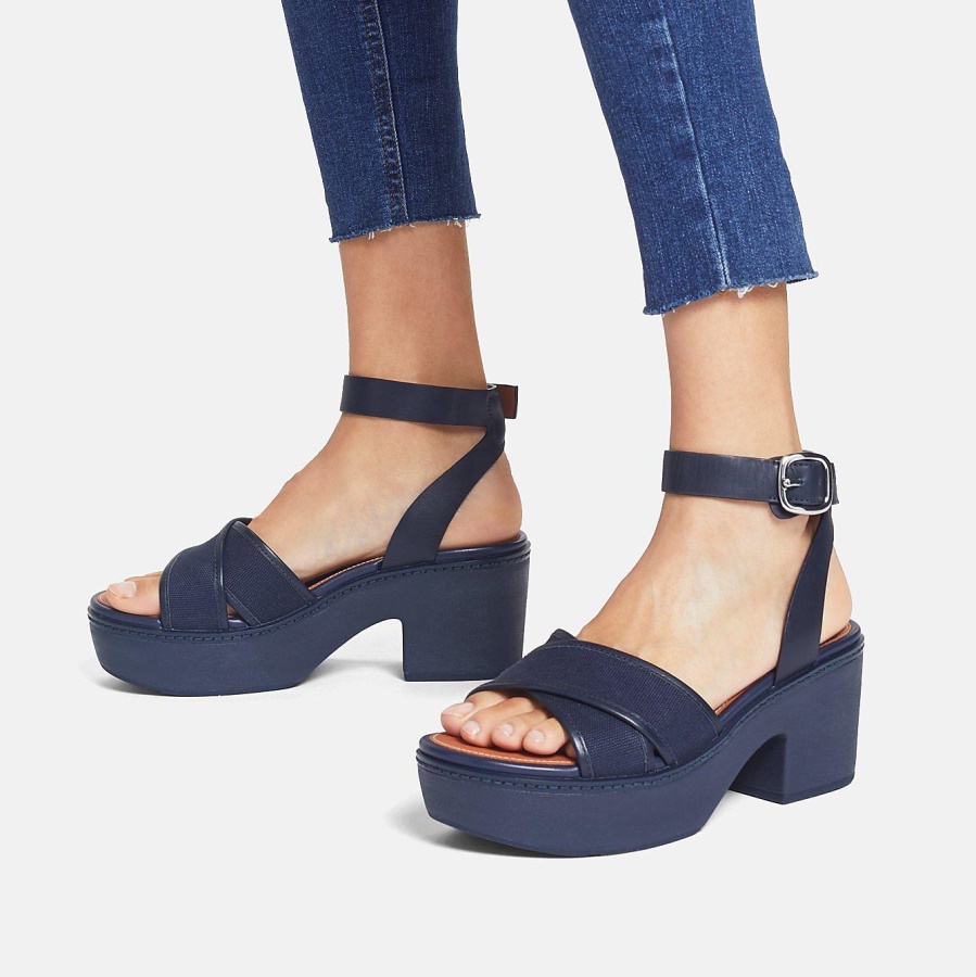 Fitflop PILAR Canvas Ankle-Strap Platform Sandals Midnight Navy