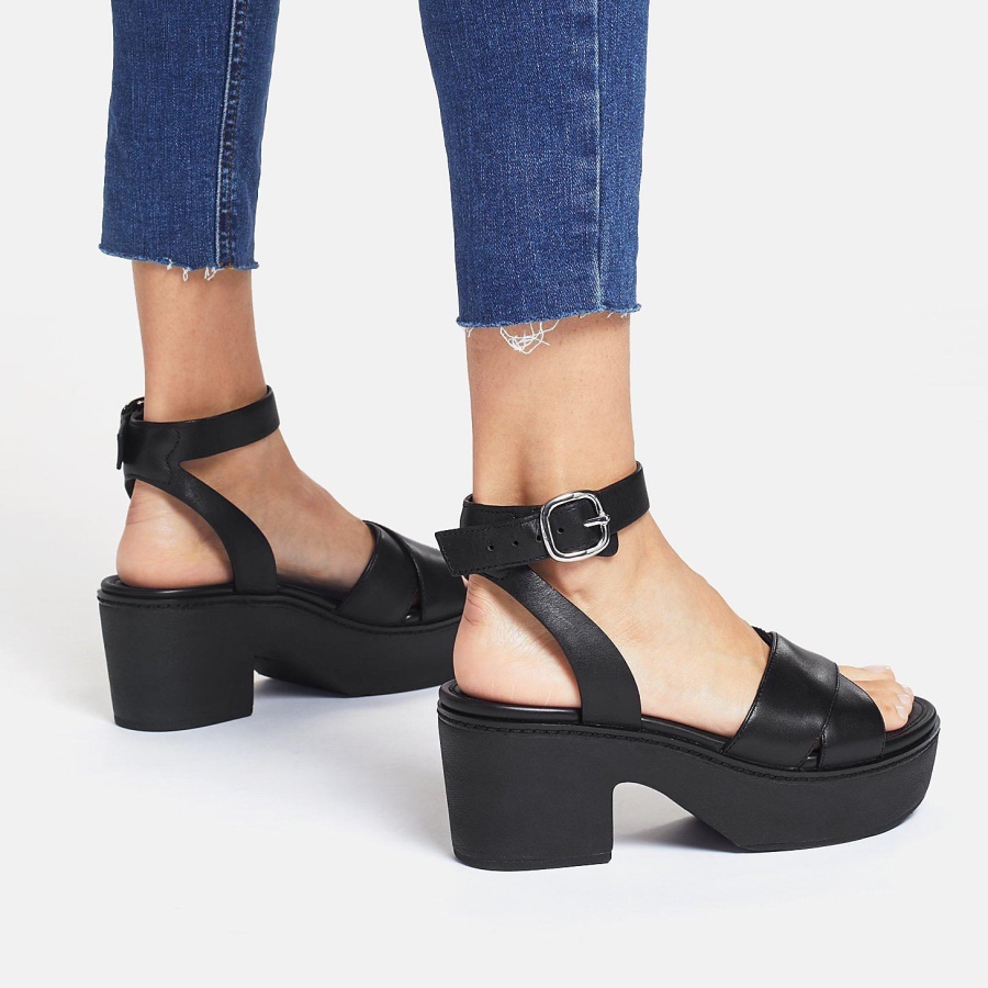 Fitflop PILAR Leather Ankle-Strap Platforms All Black