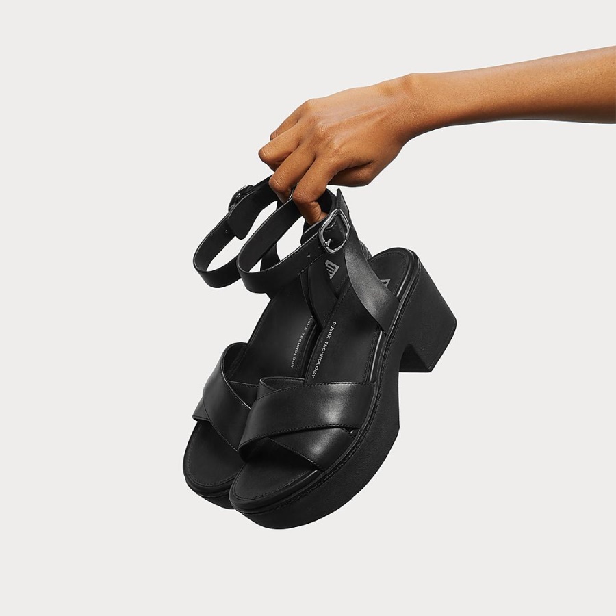 Fitflop PILAR Leather Ankle-Strap Platforms All Black