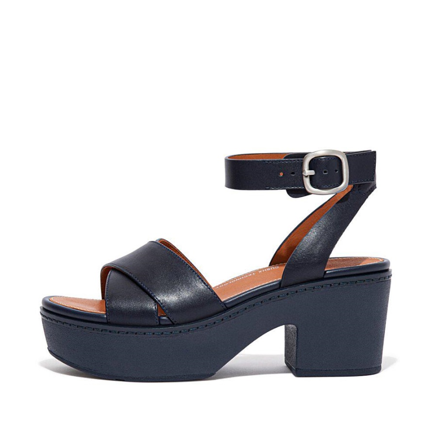 Fitflop PILAR Leather Ankle-Strap Platforms Midnight Navy