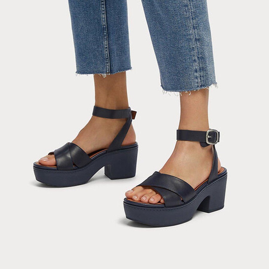 Fitflop PILAR Leather Ankle-Strap Platforms Midnight Navy