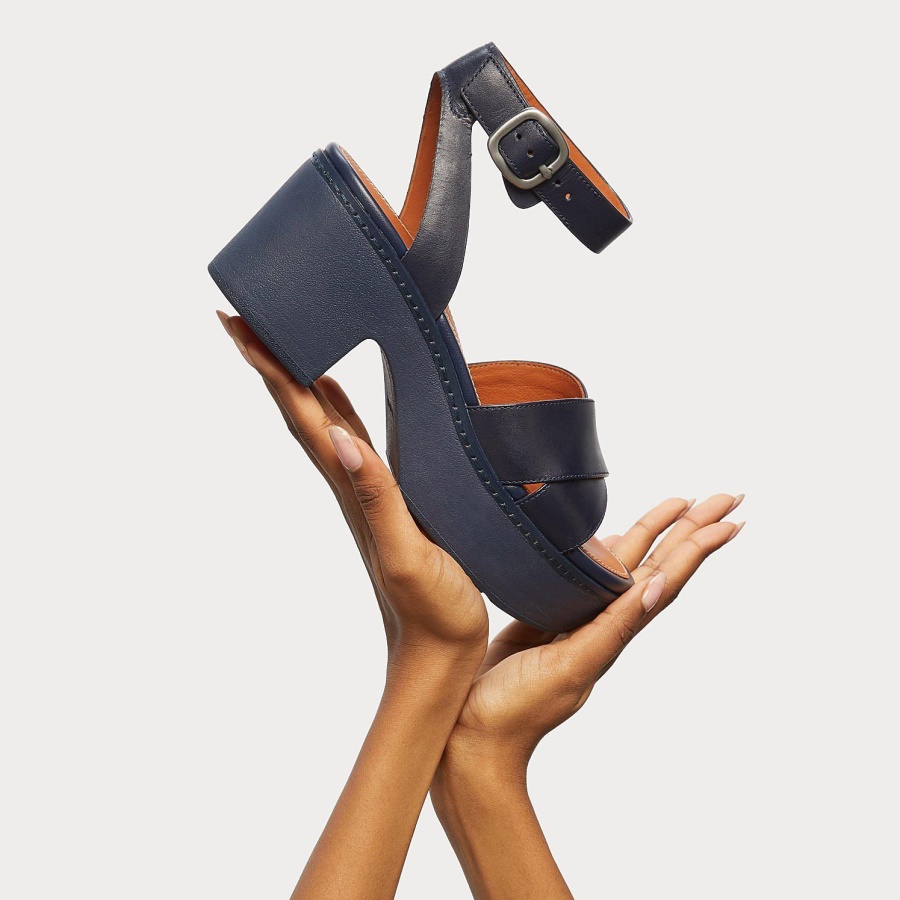 Fitflop PILAR Leather Ankle-Strap Platforms Midnight Navy