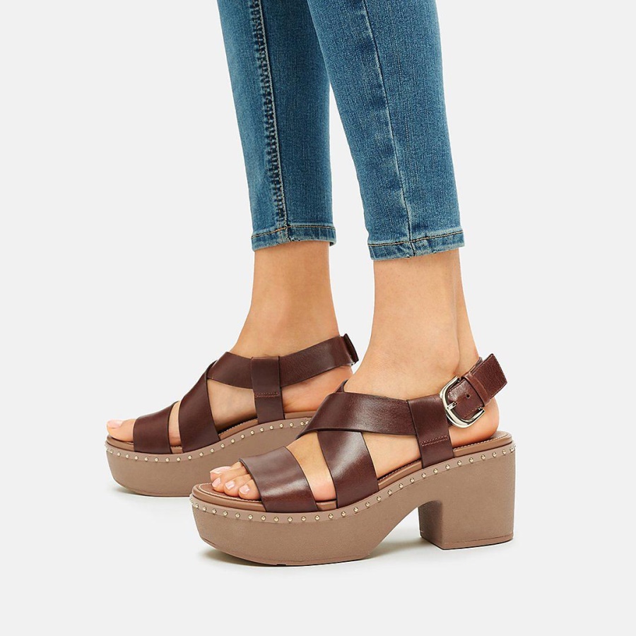 Fitflop PILAR Leather Back-Strap Platform Sandals Brown Mix