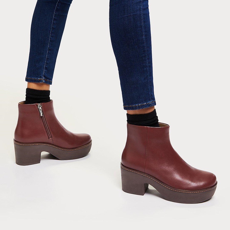 Fitflop PILAR Leather Platform Ankle Boots Maroon